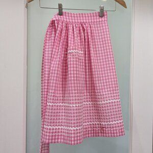 Vintage Handmade Embroidered Half Apron in Pink & White Gingham - Shows Wear